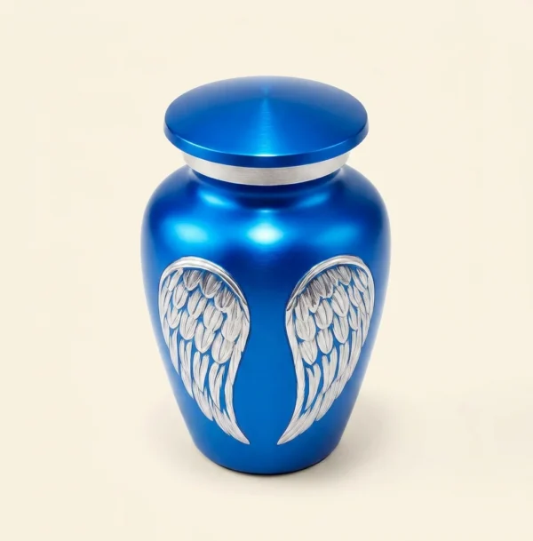 Blue angel wings keepsake urn seen from a three-quarter angle
