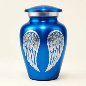 Blue angel wings small keepsake urn for ashes with silver engraved wings