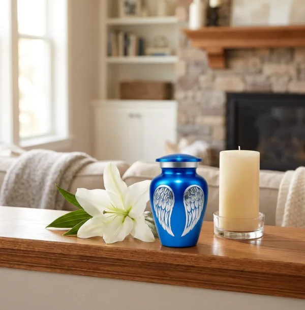 Blue angel wings keepsake urn on a mantel beside a lily and candle