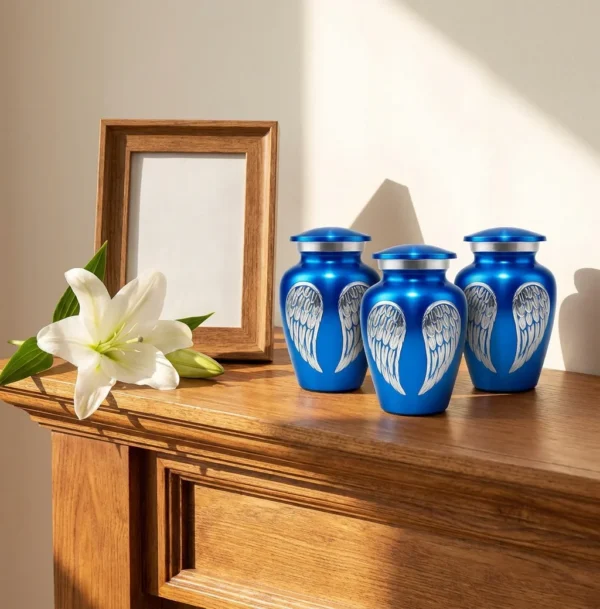 Three blue angel wings keepsake urns together on a mantel - one for each family member