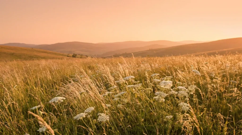 A serene golden meadow with wildflowers at dusk
