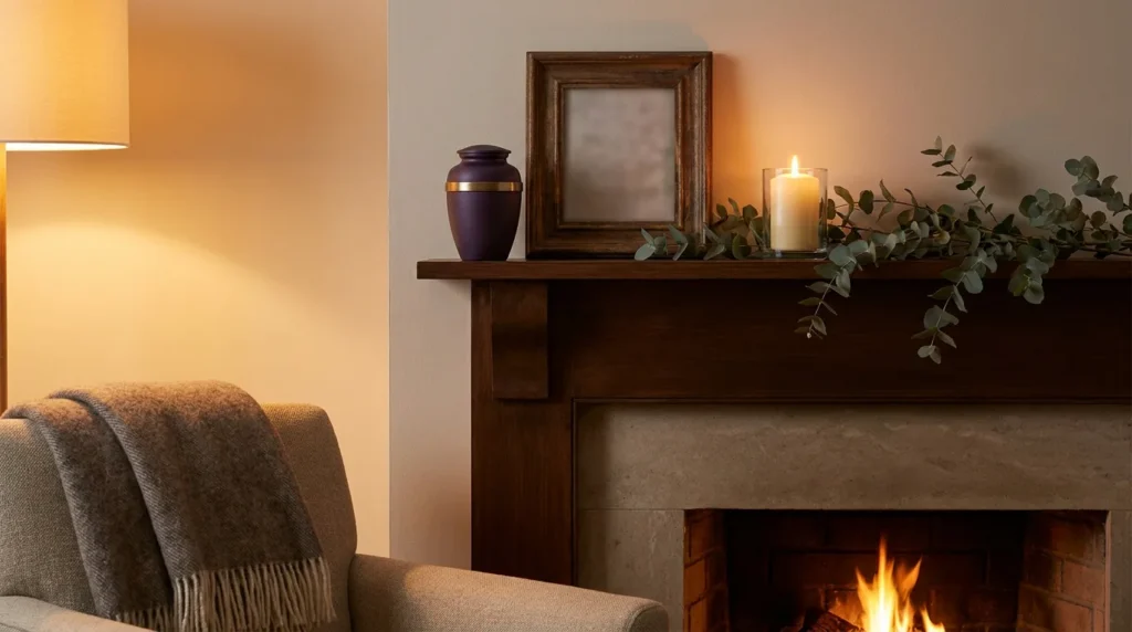 A mantel with a small urn, candle and picture frame