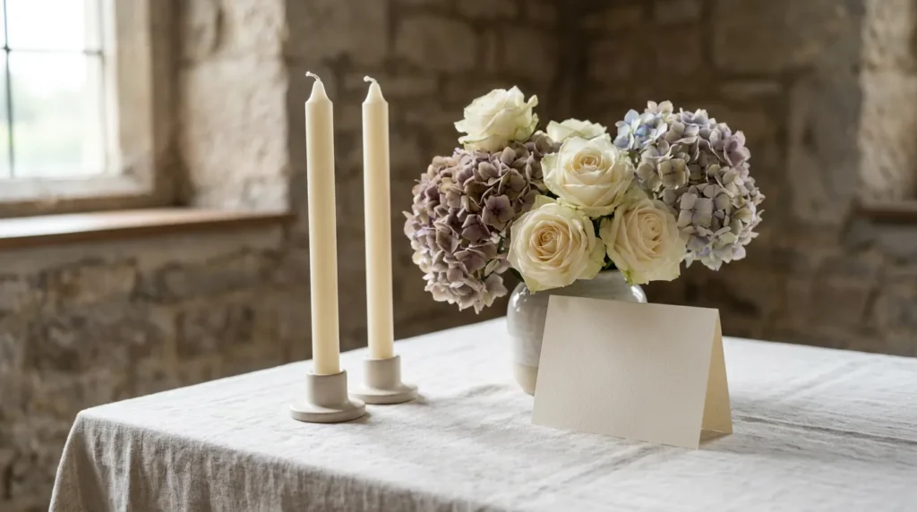 White roses, candles and an order-of-service card on linen