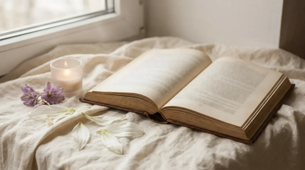 An open book with lily petals and a candle in soft light
