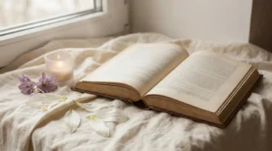 An open book with lily petals and a candle in soft light