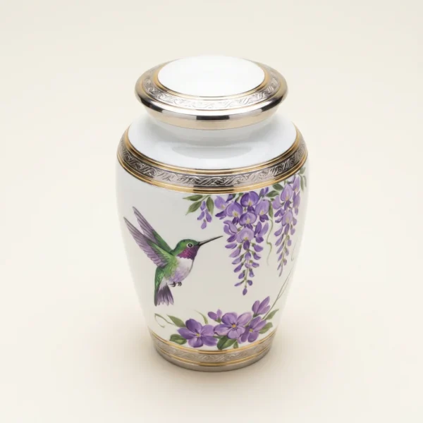 White hummingbird keepsake urn with a silver engraved band, three-quarter angle