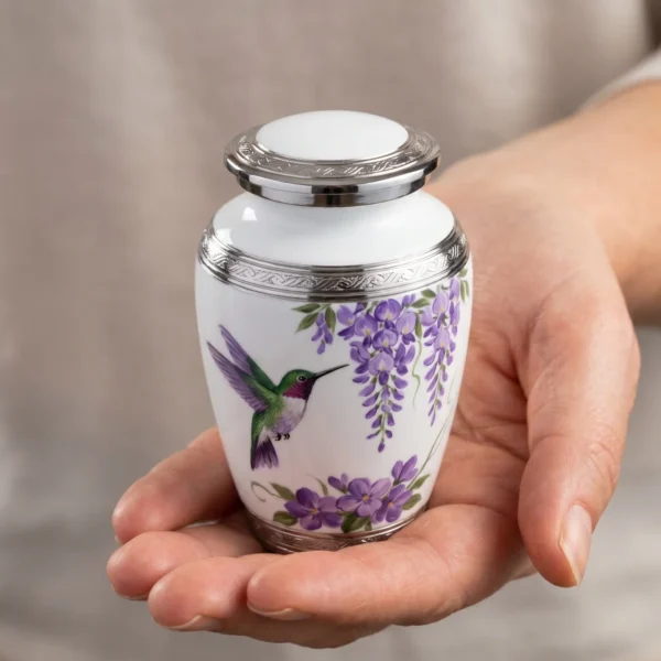 Small white hummingbird keepsake urn resting in an open palm to show its size