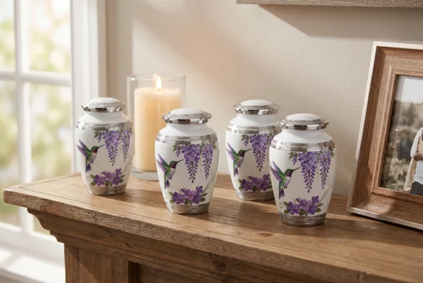 Four white hummingbird keepsake urns with silver bands on a mantel with a candle and framed photo