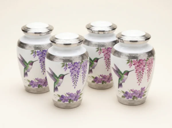 Set of four white hummingbird keepsake urns with silver engraved bands, studio group shot