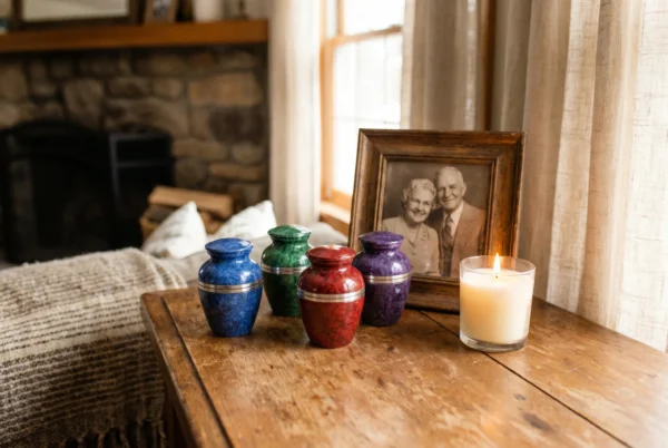 Four multicolour keepsake urns in blue, green, red and purple with silver bands on a mantel with a candle and framed photo