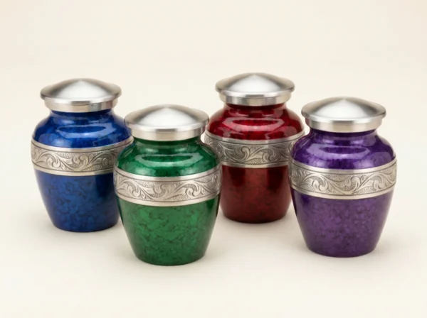Set of four multicolour keepsake urns — blue, green, red and purple speckled enamel with silver bands, studio group shot