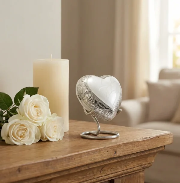 White enamel heart keepsake urn on a mantel beside a candle and white roses