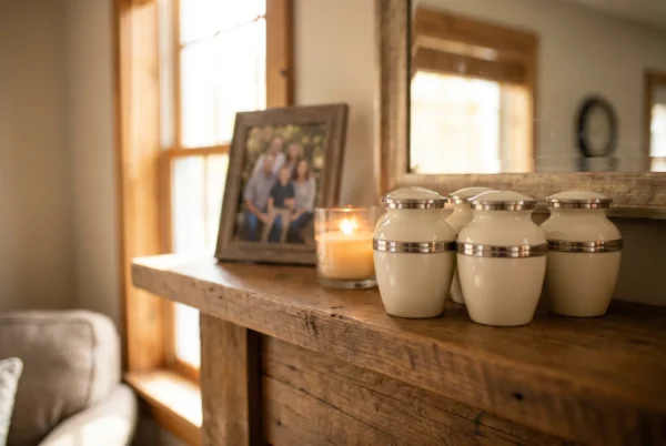 White enamel keepsake urns with silver bands on a mantel with a candle and framed photo