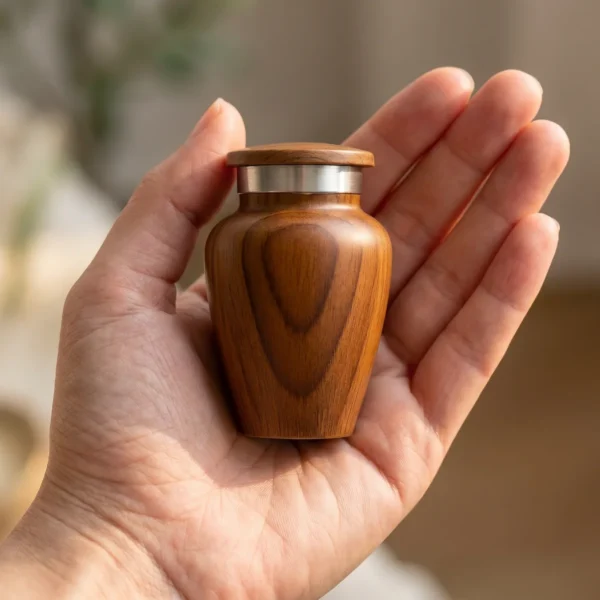 Small teak wood-grain keepsake urn resting in an open palm to show its size