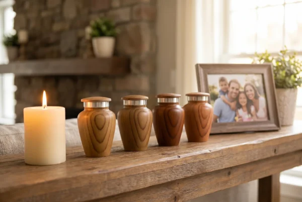 Four teak wood-grain keepsake urns with silver bands on a mantel with a candle and framed photo