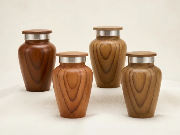 Set of four teak wood-grain keepsake urns with silver engraved bands, studio group shot