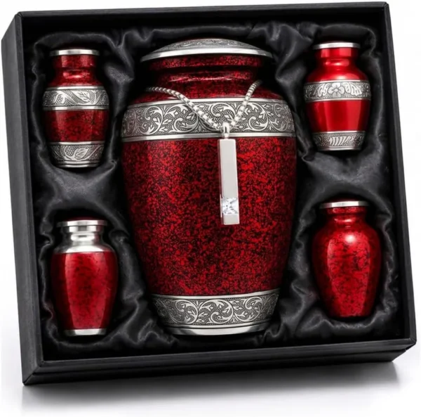 Red Cremation Urn Family Set in presentation box — large urn, cremation necklace and four keepsake urns in assorted designs