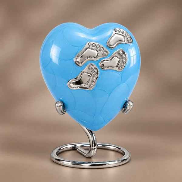 Blue Enamel baby heart-shaped keepsake urn viewed from a three-quarter angle