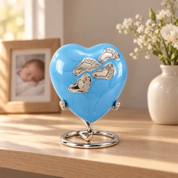 Blue Enamel baby heart-shaped keepsake urn displayed on an oak console table in a family home