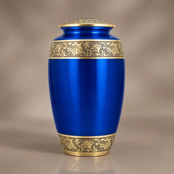Blue and gold metallic cremation urn shown from a three-quarter angle