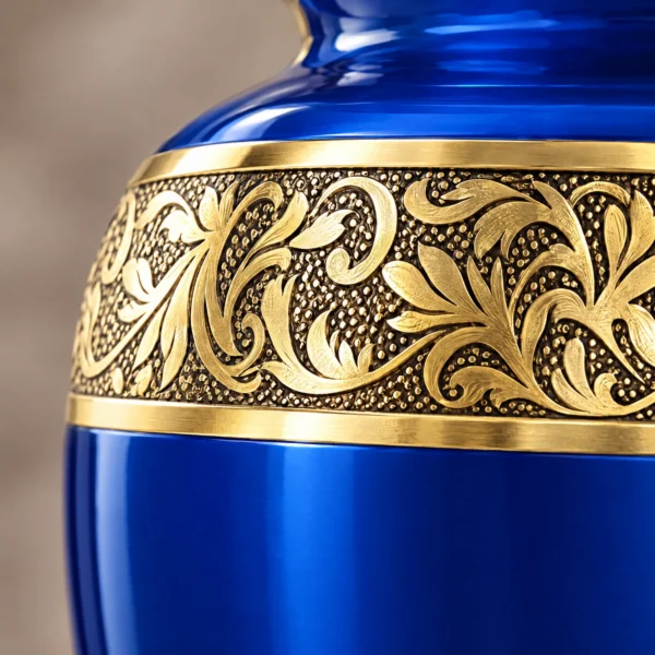 Close-up of the hand-finished detail on the Blue & Gold Metallic cremation urn