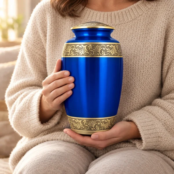 Blue and gold metallic cremation urn held in two hands for scale