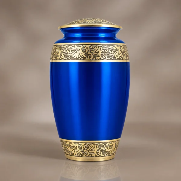 Blue and gold metallic cremation urn for adult ashes