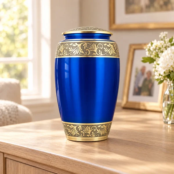 Blue and gold metallic cremation urn on a console table at home