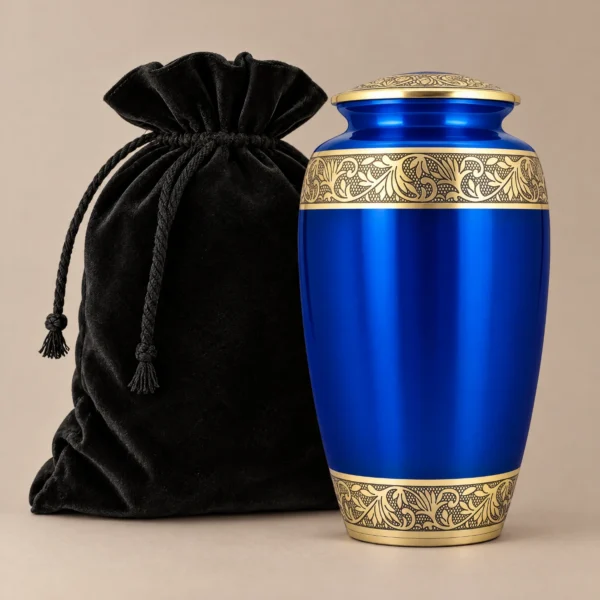 Blue and gold metallic cremation urn with the velvet bag included