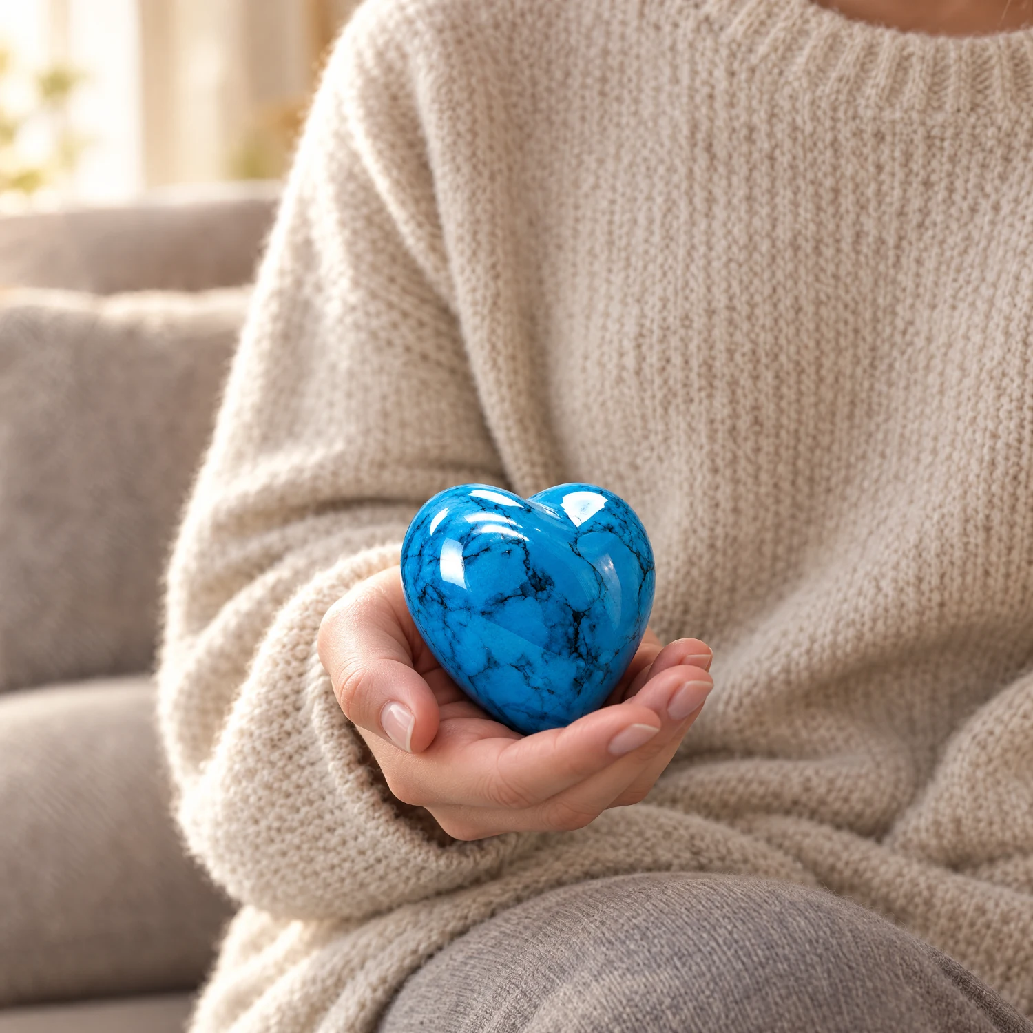 Blue Stone heart-shaped keepsake urn cradled in an open palm to show its size