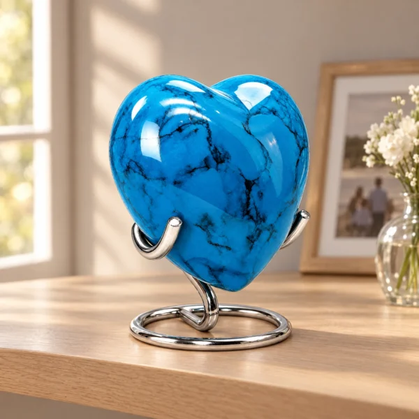 Blue Stone heart-shaped keepsake urn displayed on an oak console table in a family home