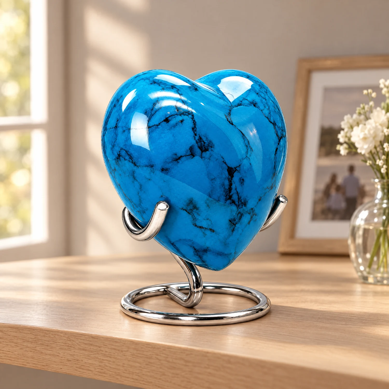 Blue Stone heart-shaped keepsake urn displayed on an oak console table in a family home