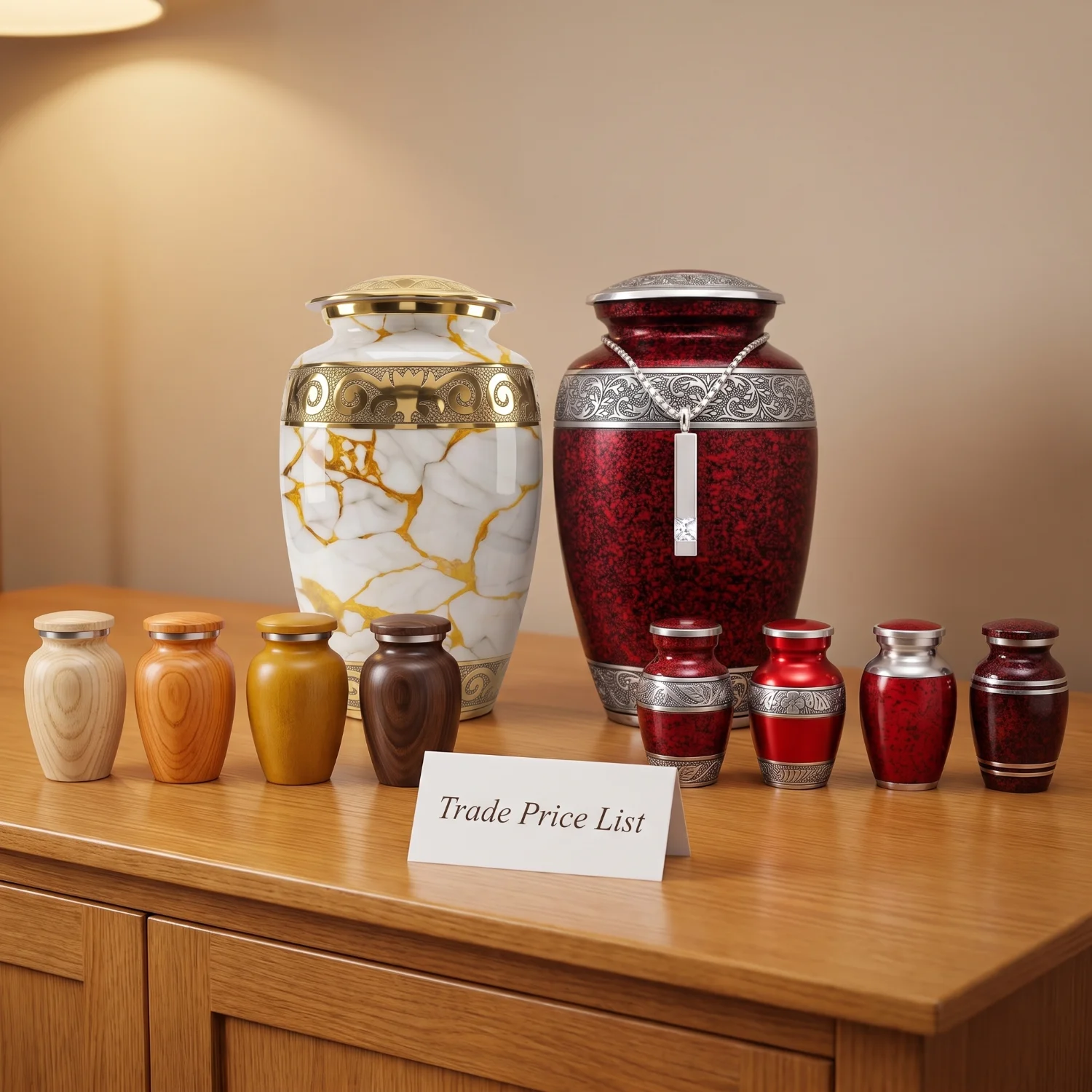 Solace Forever Funeral Home Founding Starter Pack displayed on an arrangement-room sideboard: Gold Marble and Red Family Set adult urns with cremation necklace, four wood-grain keepsakes and four red keepsakes, with the trade price card