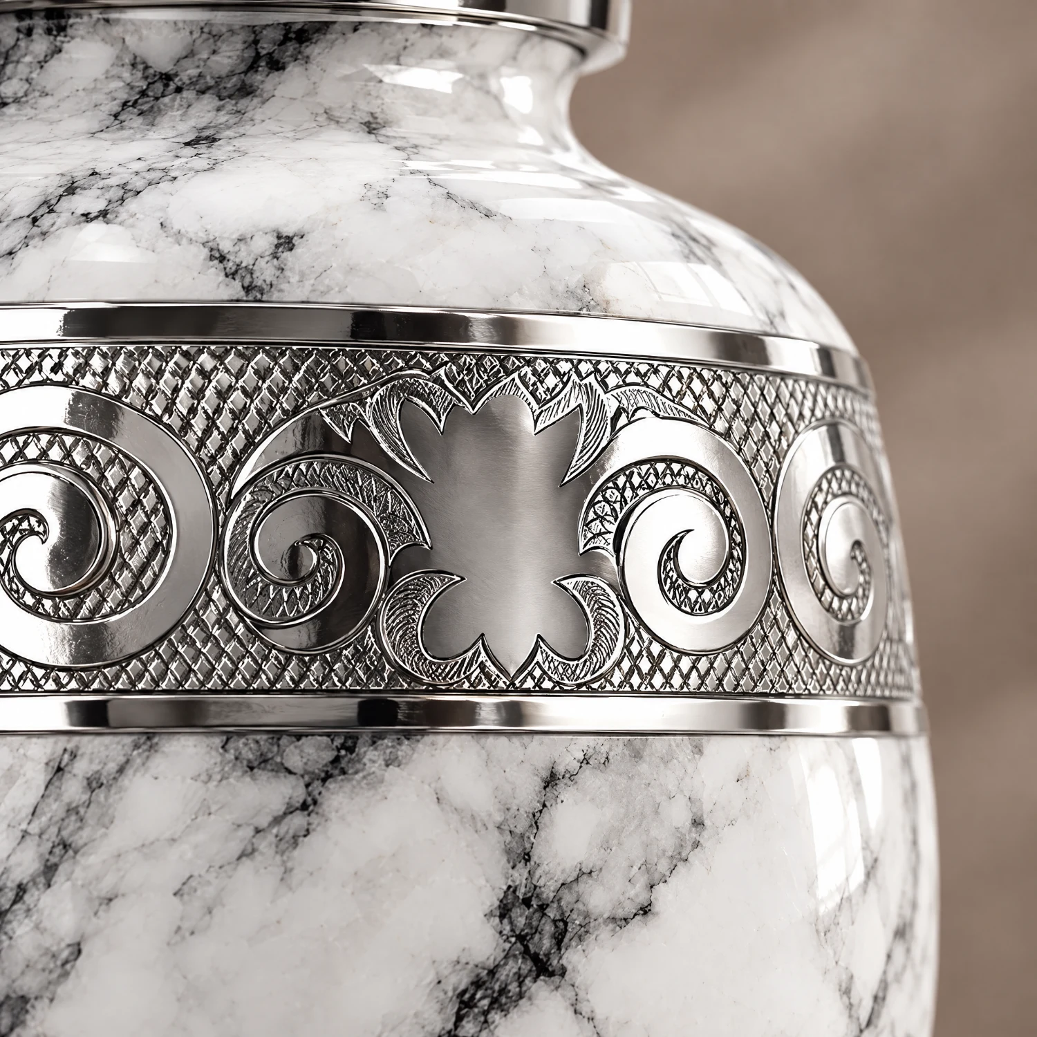 Close-up of the hand-finished detail on the Off-White Marble cremation urn