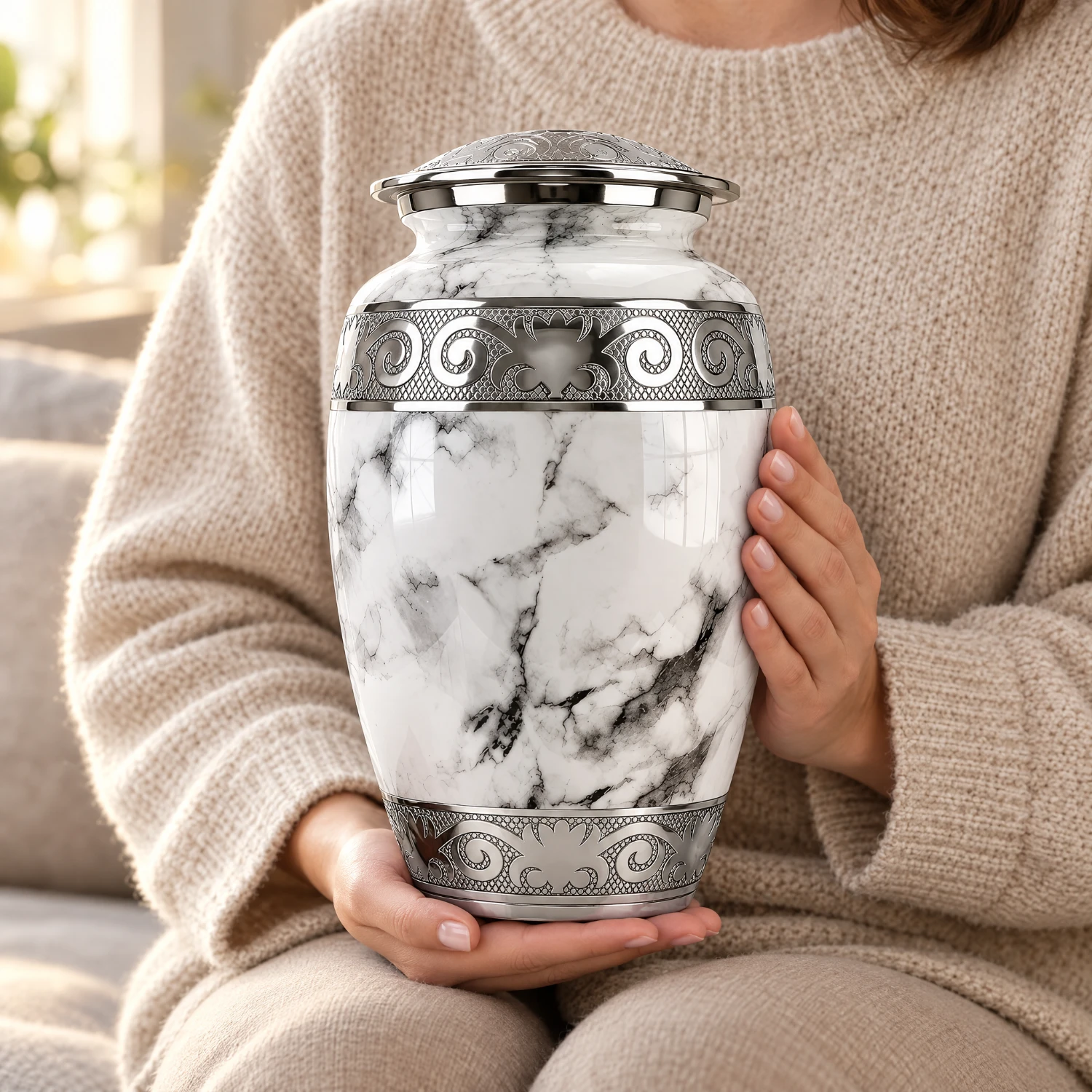 Off-White Marble cremation urn held by a seated woman to show its size