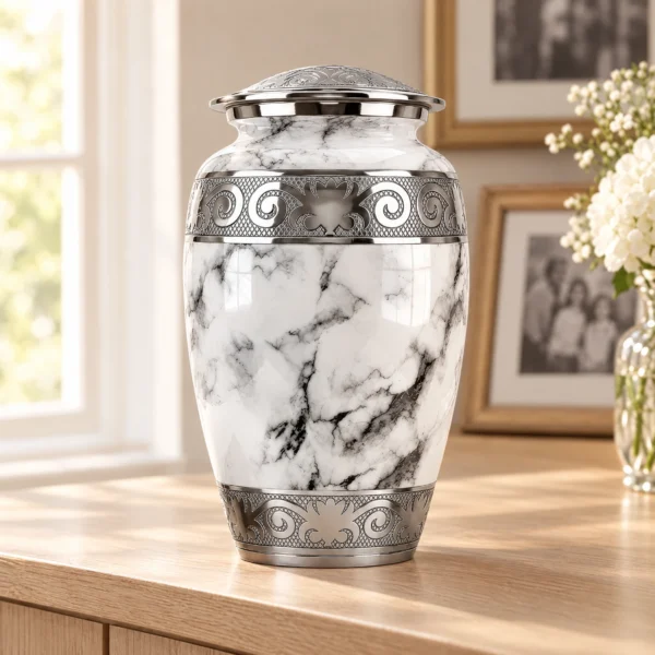 Off-white marble cremation urn on a console table at home