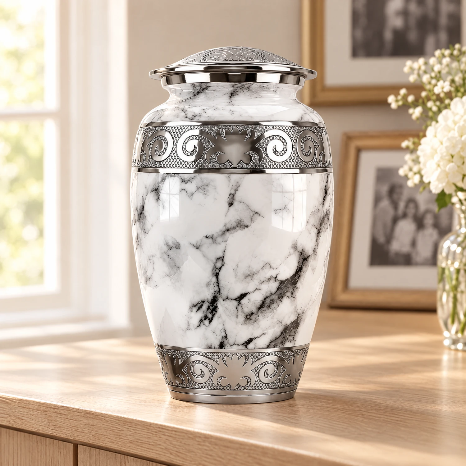 Off-White Marble cremation urn displayed on an oak console table in a family home