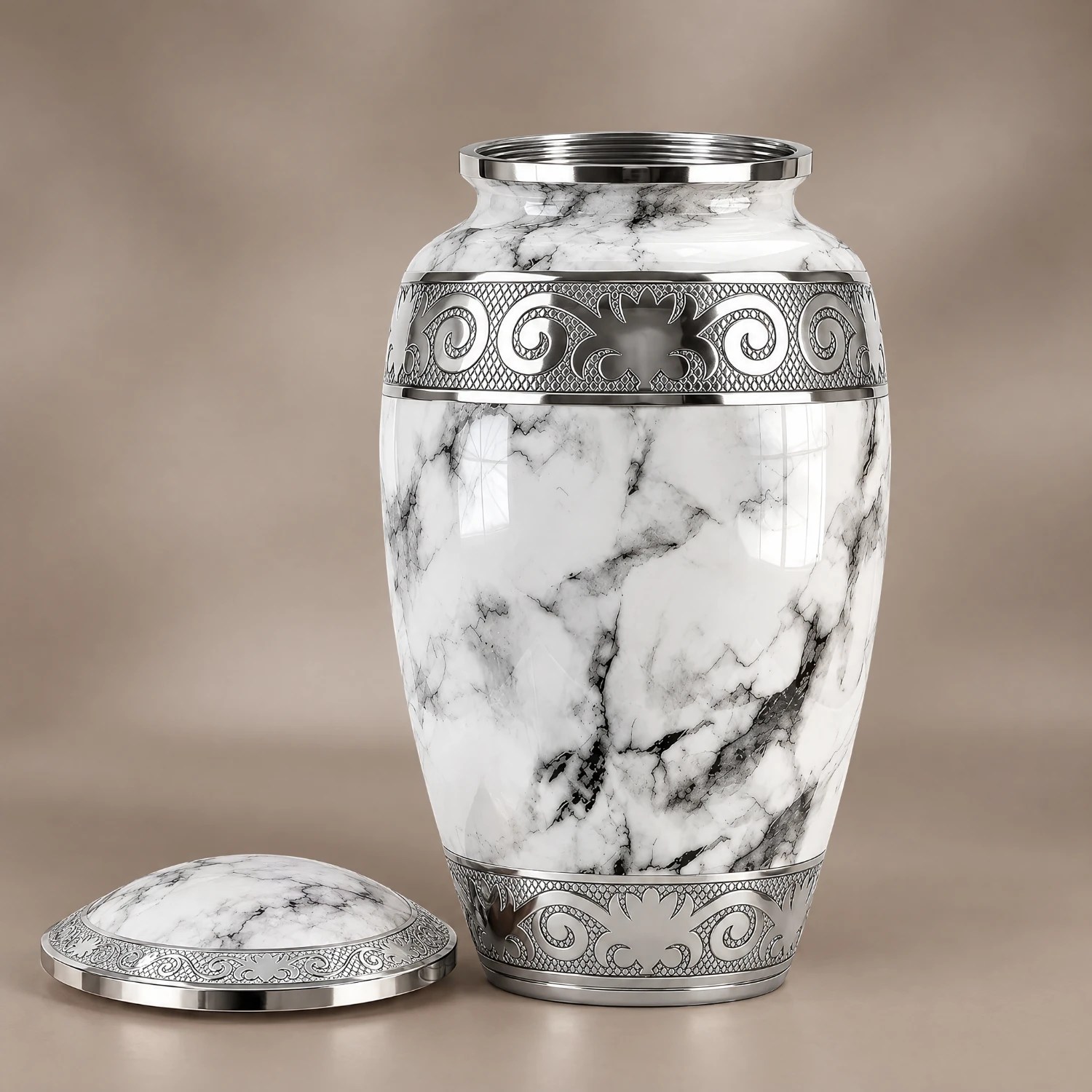 Off-White Marble cremation urn with its lid removed, showing the threaded neck