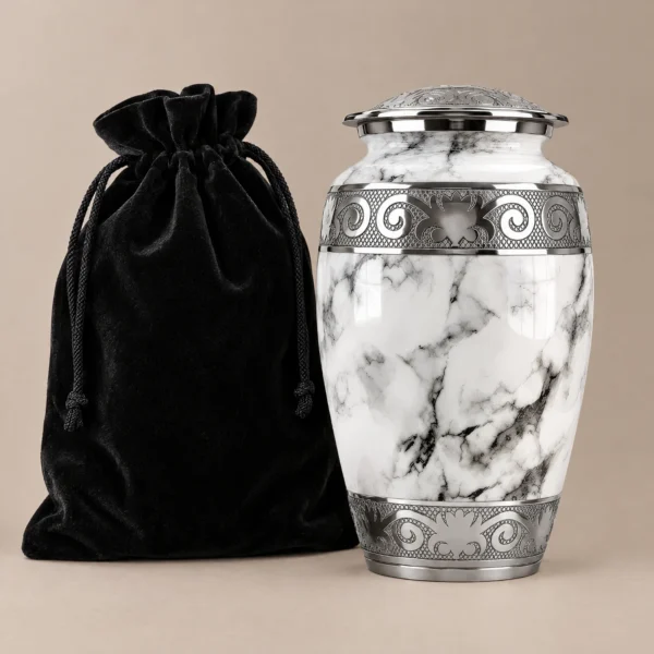 Off-white marble cremation urn with the velvet bag included