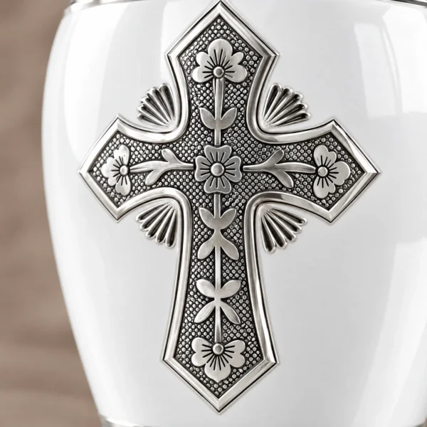 Close-up of the hand-finished detail on the White Cross cremation urn