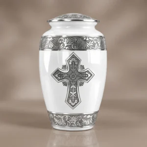 White cross cremation urn for adult ashes
