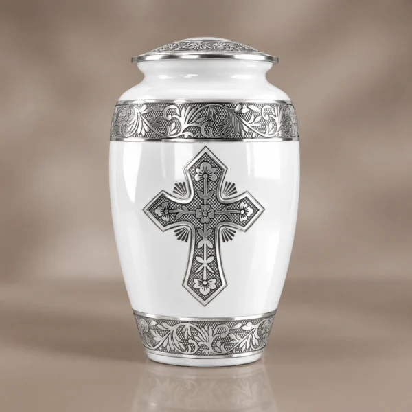 White cross cremation urn for adult ashes