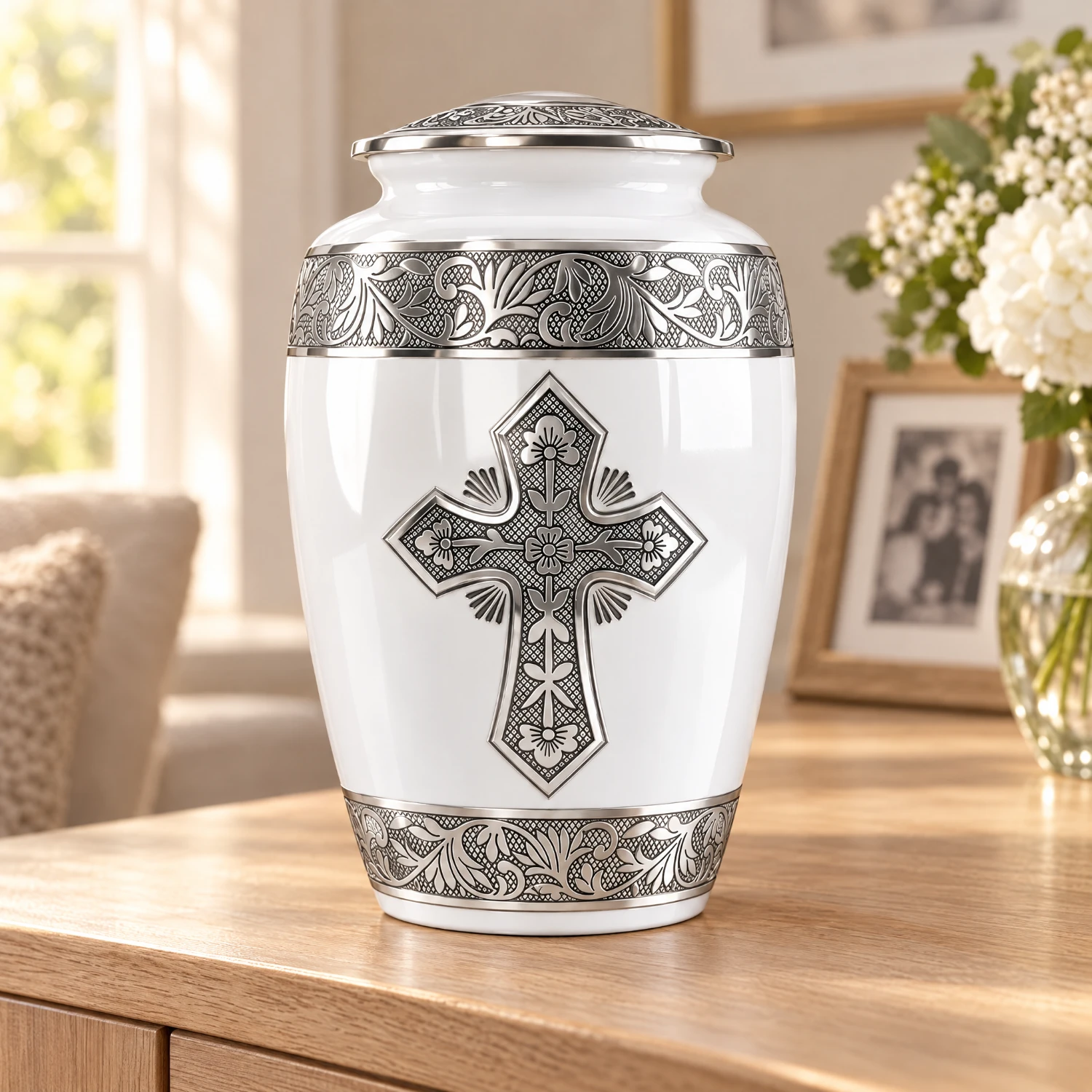 White Cross cremation urn displayed on an oak console table in a family home