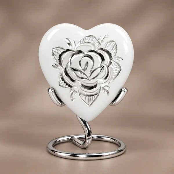 White Rose heart-shaped keepsake urn shown upright against a soft neutral studio background